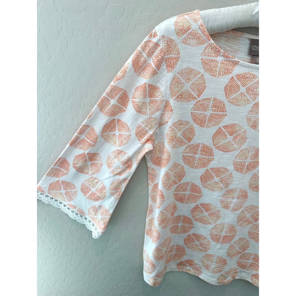 CHICO’S Orange Geometric Print Top 3/4 Sleeve Eyelet Trim Tee | Size 1 Medium - Picture 4 of 8